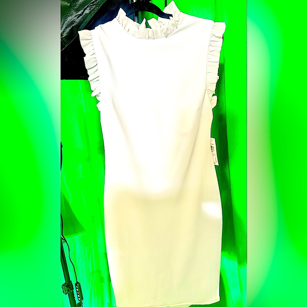 Premier Amour Sleeveless Ruffle Trim Sheath Dress Off White